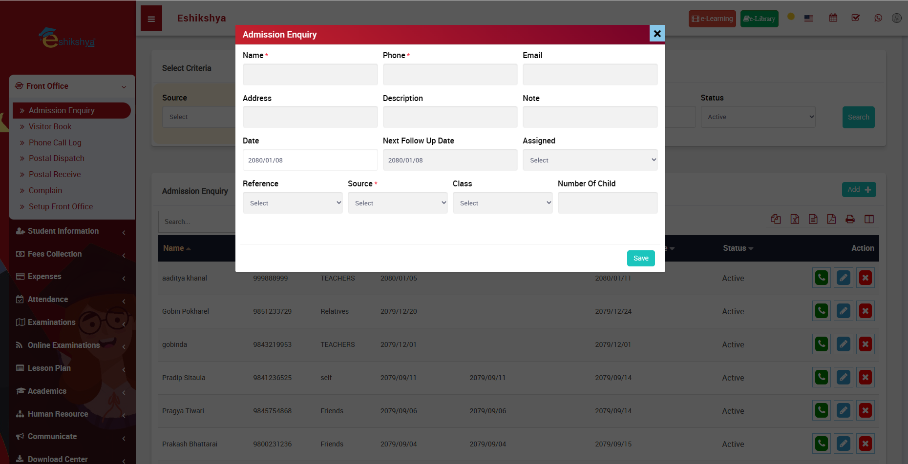 Add admission enquiry form